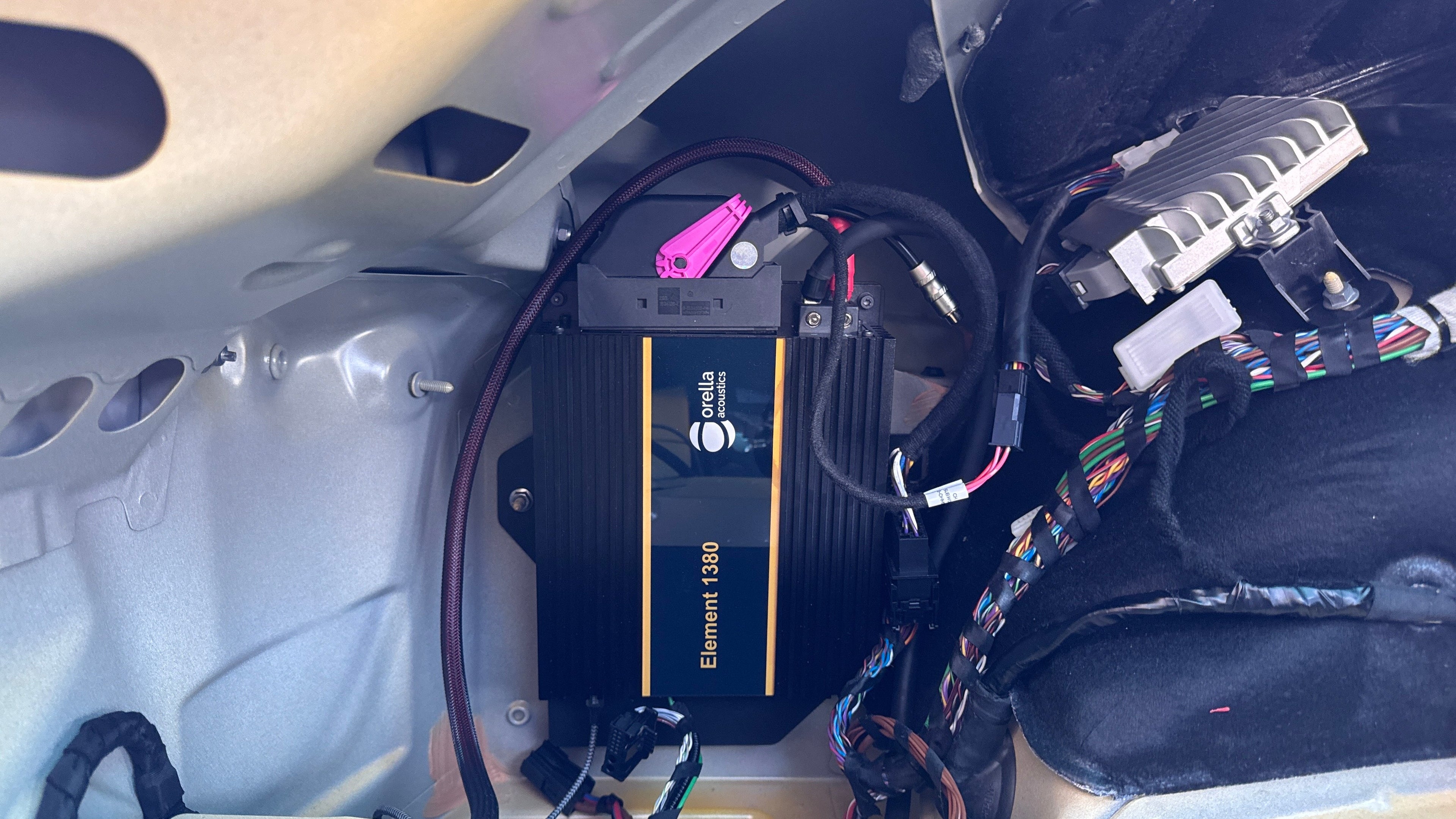 Orella Element 1380 DSP amplifier installed in a 2020+ Toyota GR Supra